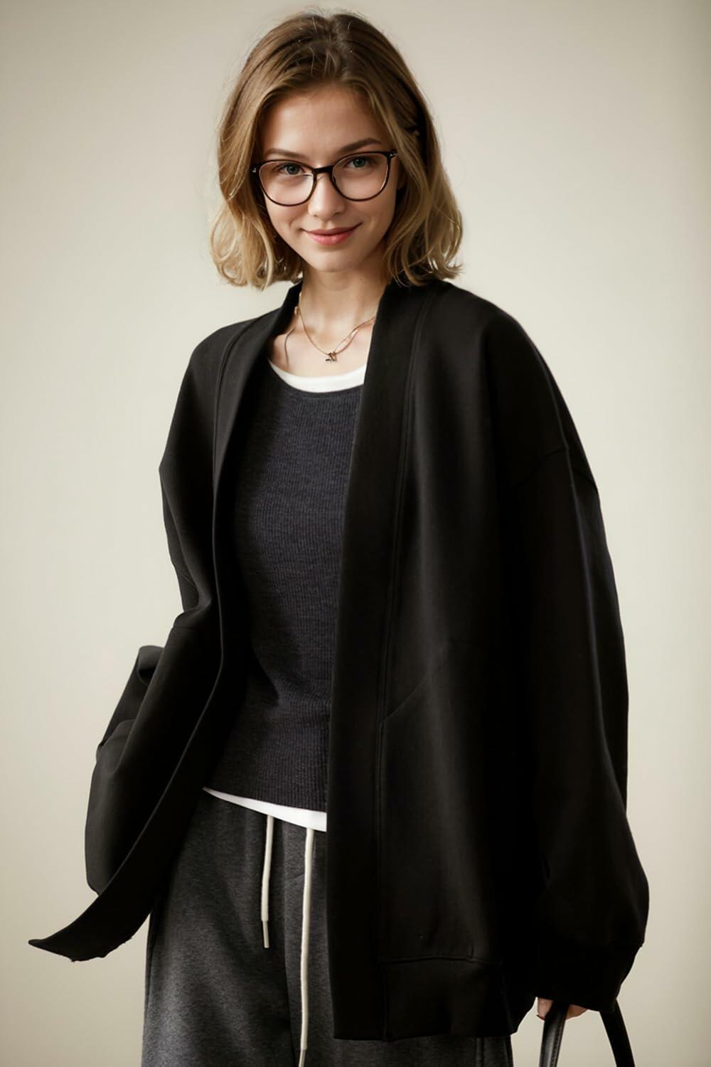 Black open-front hoodie coat, hooded cardigan front view with patch pocket