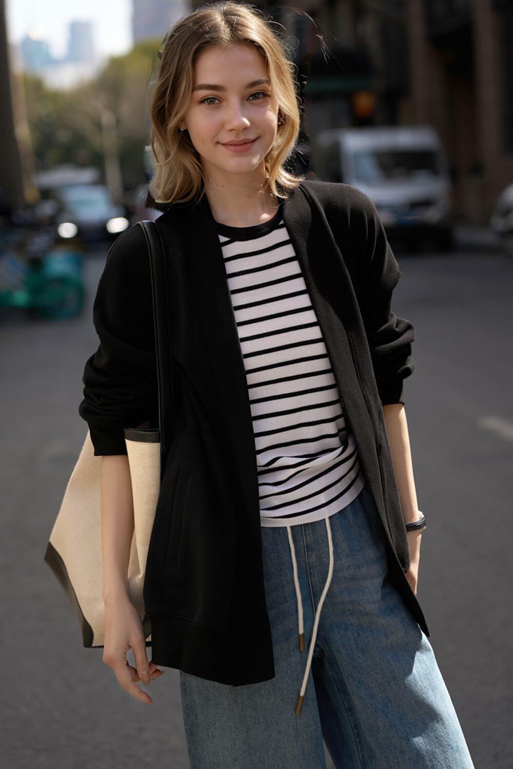 Black open-front hoodie coat with hood, long sleeves, and relaxed hem
