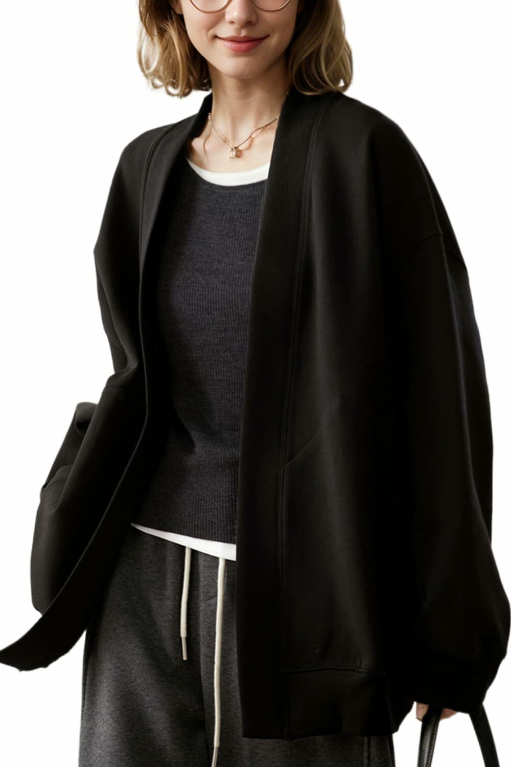 Women's black lightweight open-front hoodie coat, hooded cardigan with long sleeves