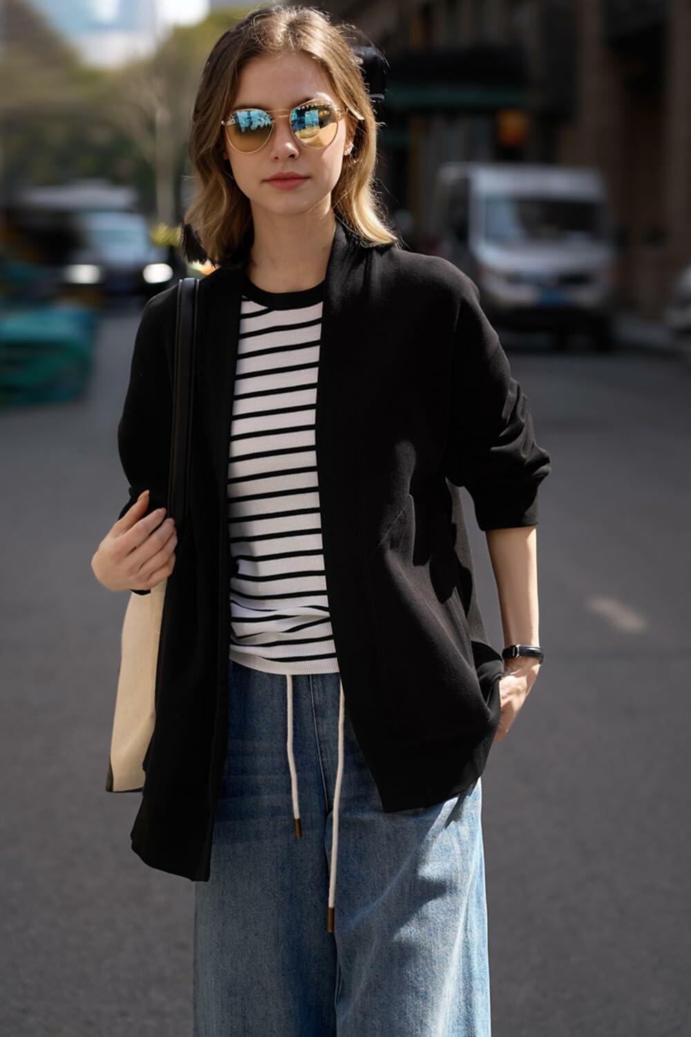 Black open-front hoodie coat with hood and roomy long sleeves
