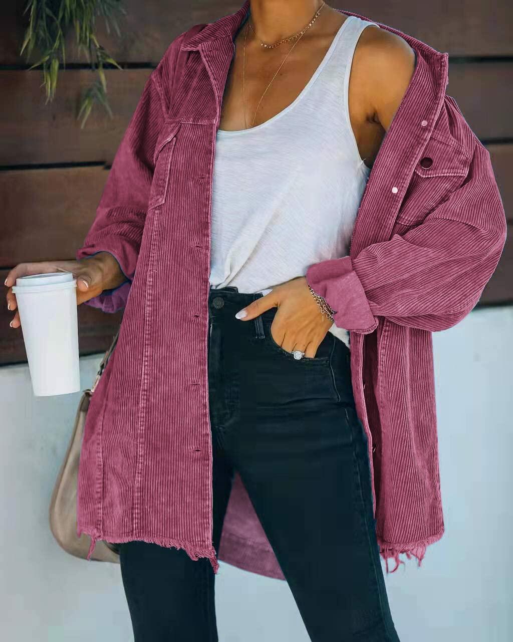 Wine corduroy oversized shirt jacket with stand collar, button placket, flap pockets