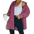 Wine corduroy oversized shirt jacket, button front and flap pockets, long sleeves
