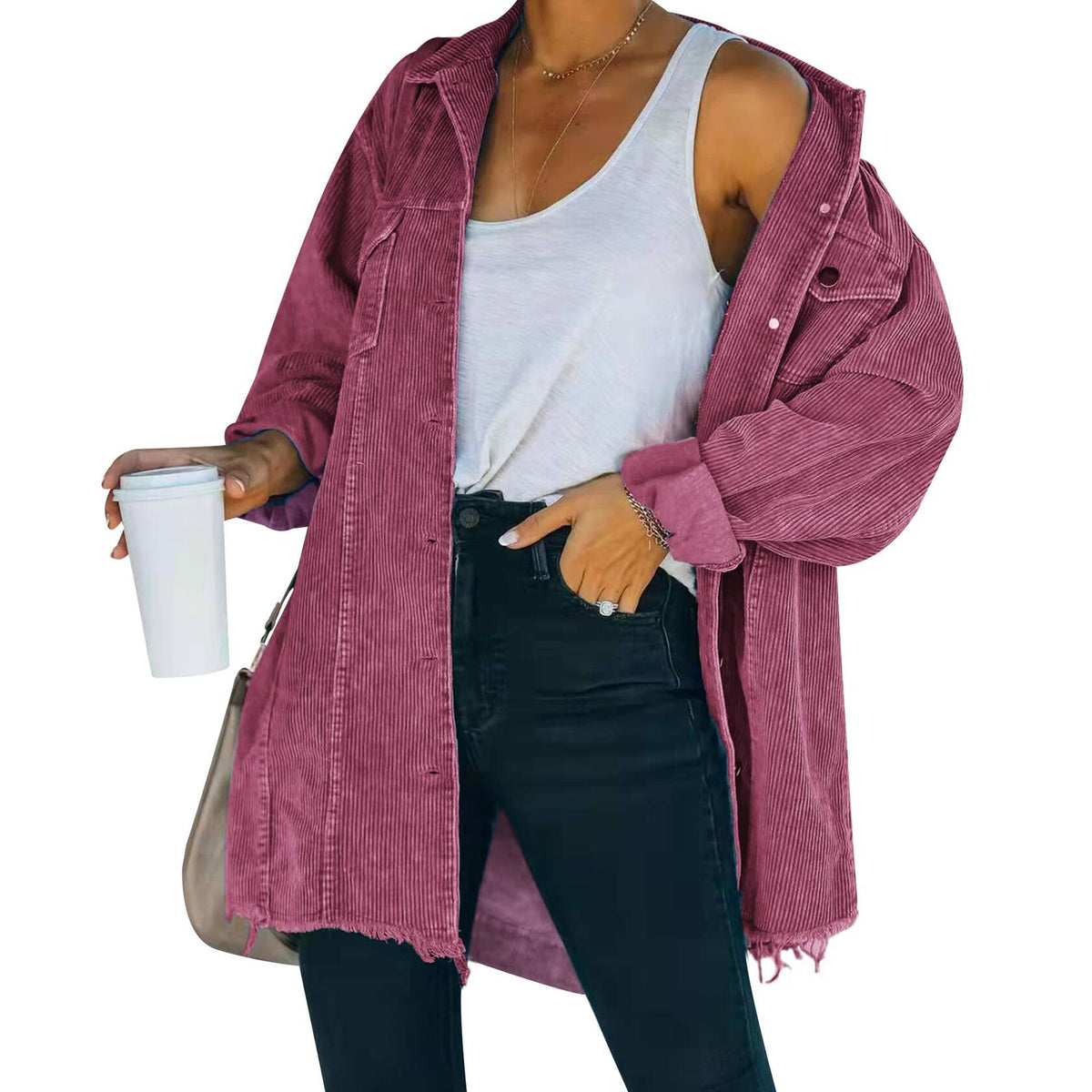 Wine corduroy oversized shirt jacket, button front and flap pockets, long sleeves