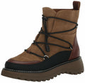 Lace-up ankle boot with suede upper, dark rubber lug sole, brown and black accents