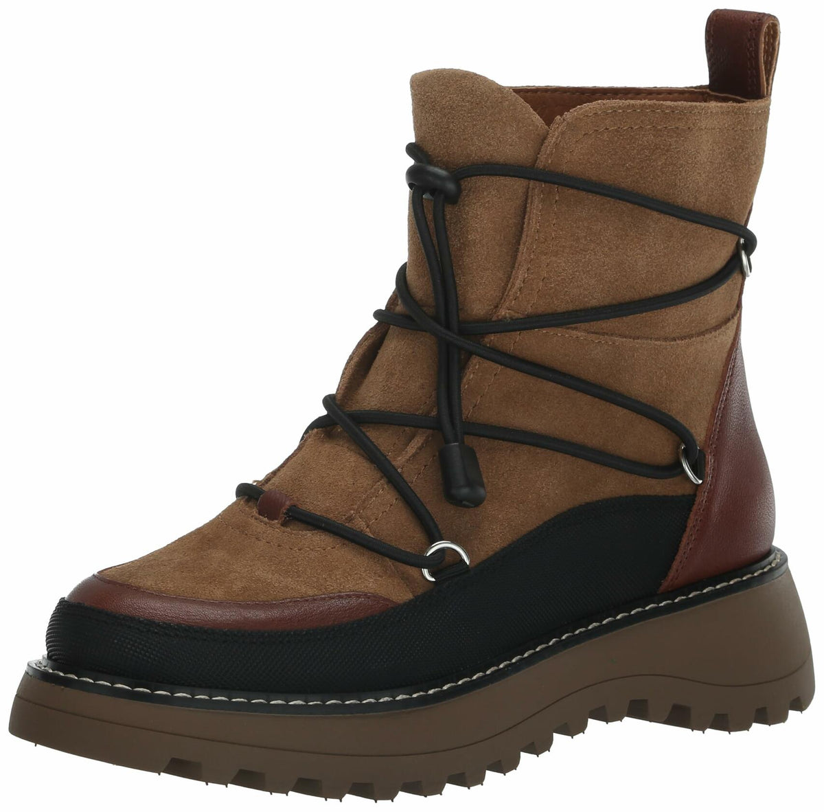 Lace-up ankle boot with suede upper, dark rubber lug sole, brown and black accents