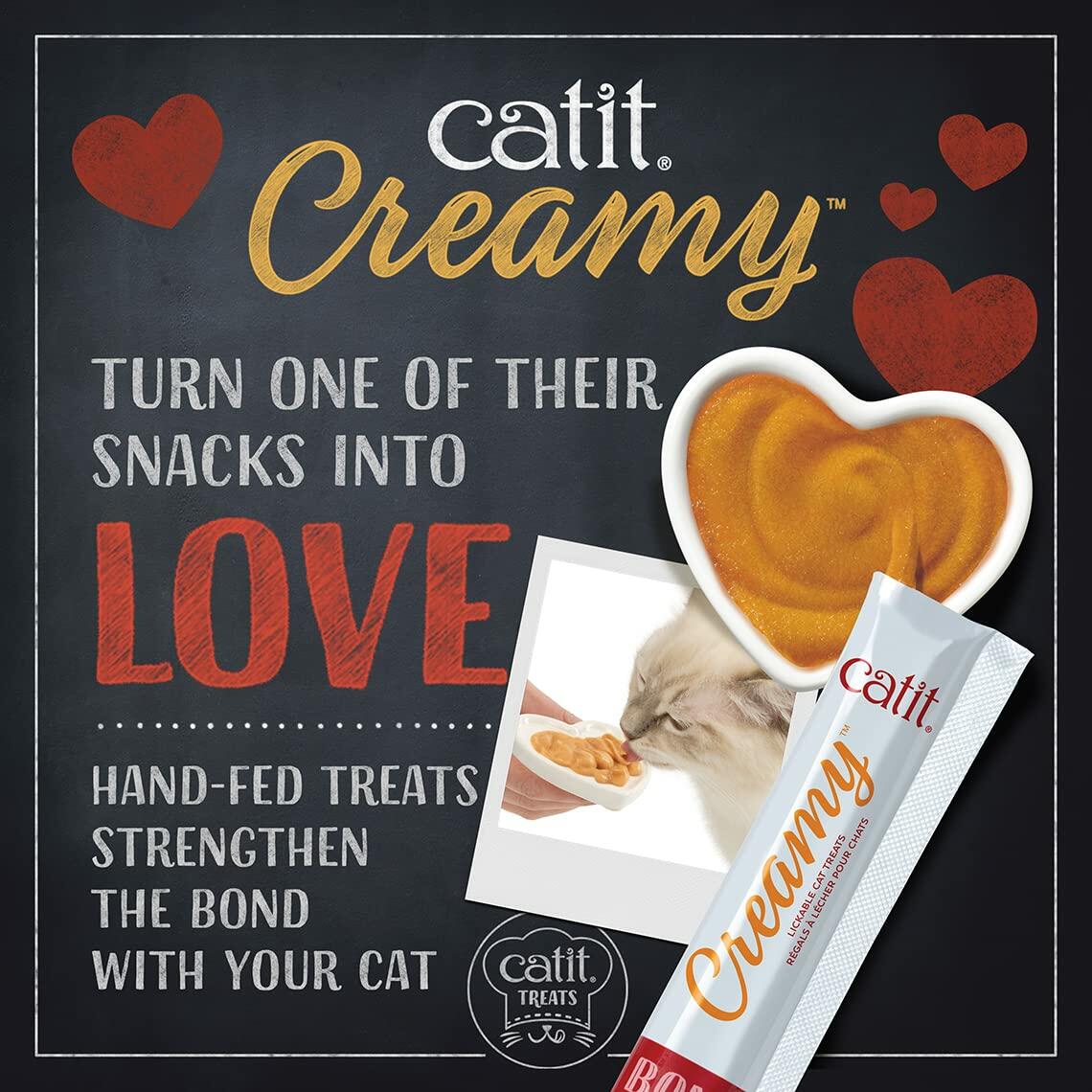Catit Creamy salmon recipe lickable cat treats pouch with heart-shaped treat