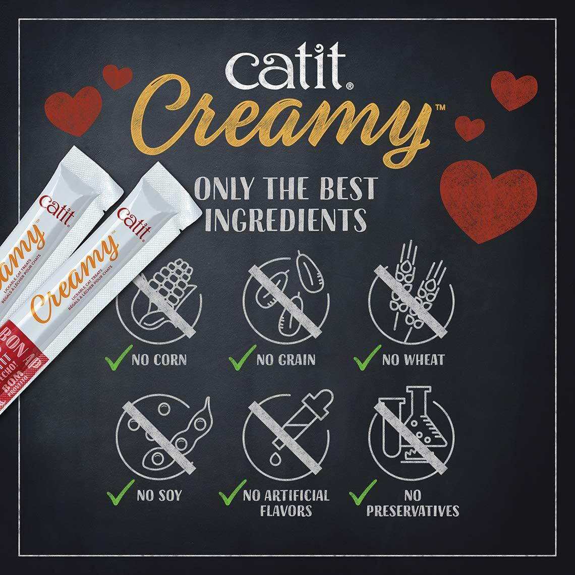 Catit Creamy salmon recipe lickable cat treats pack with ingredient icons