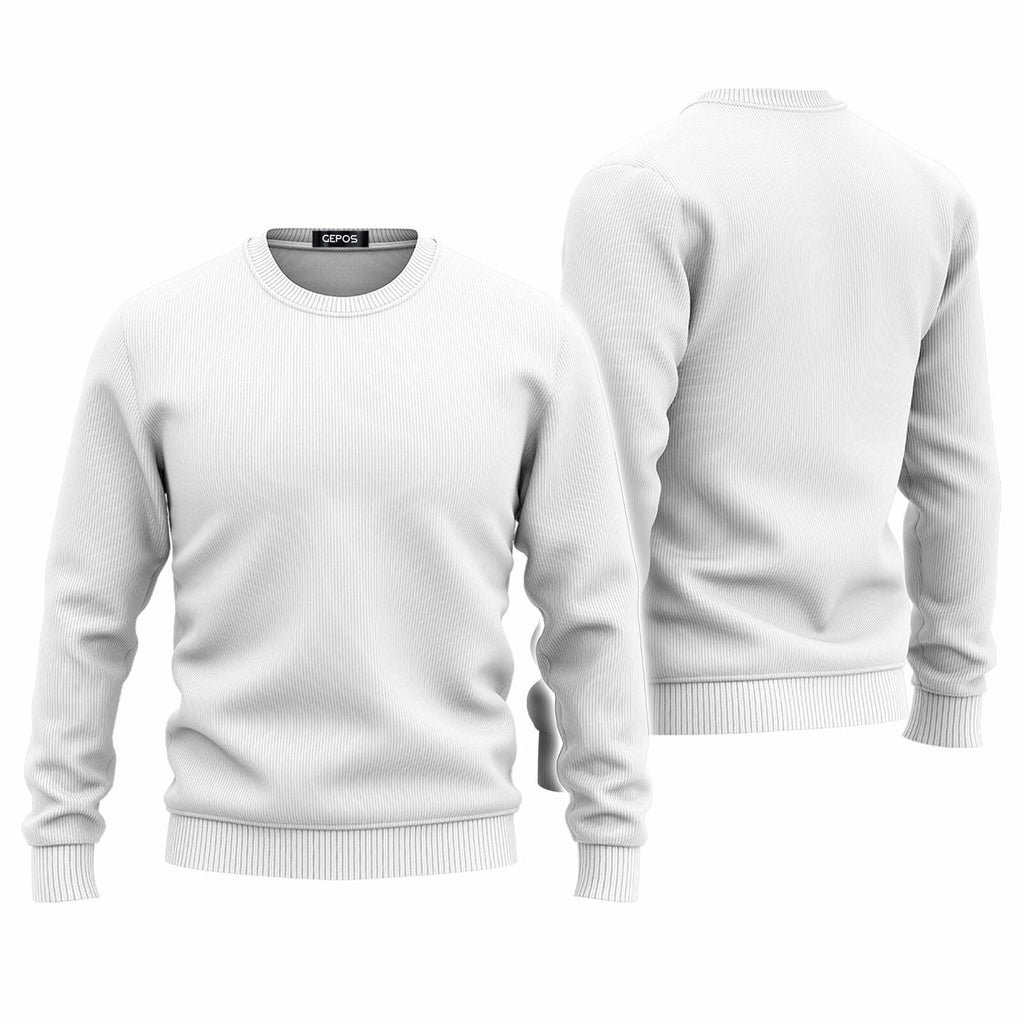 White long-sleeve crewneck sweater with ribbed cuffs and hem, front and reverse sides