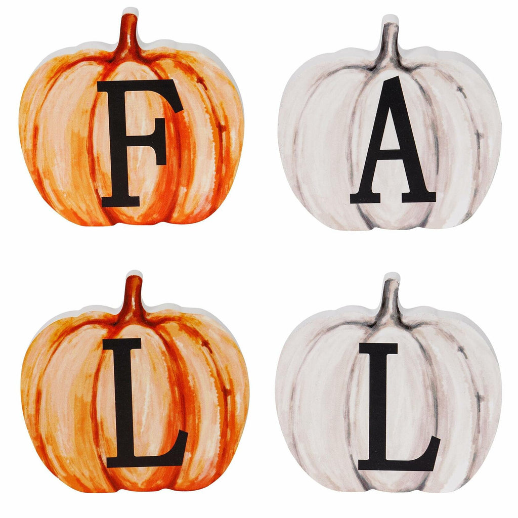 Assorted pumpkin-shaped wood letter signs showing F, A, T, L in orange and white
