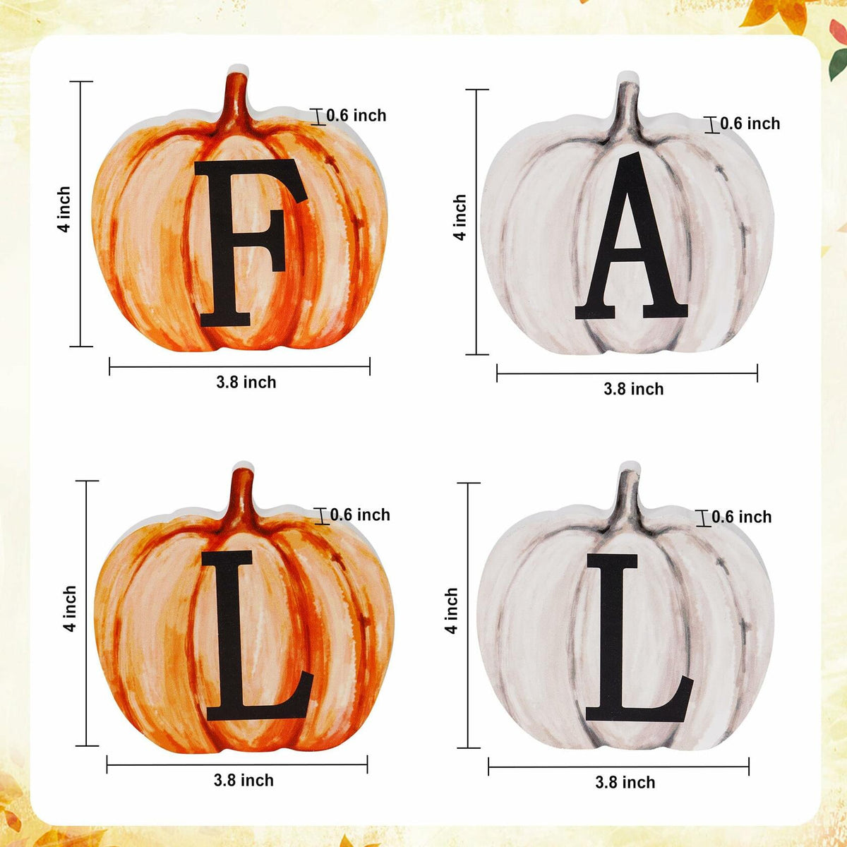 Four pumpkin letter wood signs, orange and white, showing letters F, A, T, L