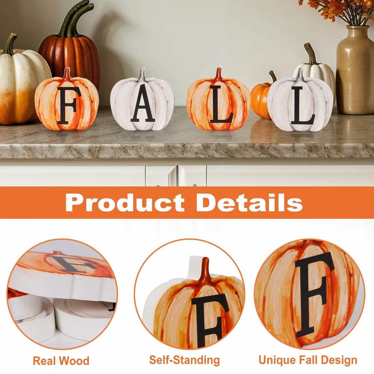 Wood block pumpkin letter signs lineup with letters F, A, T, L in orange and white
