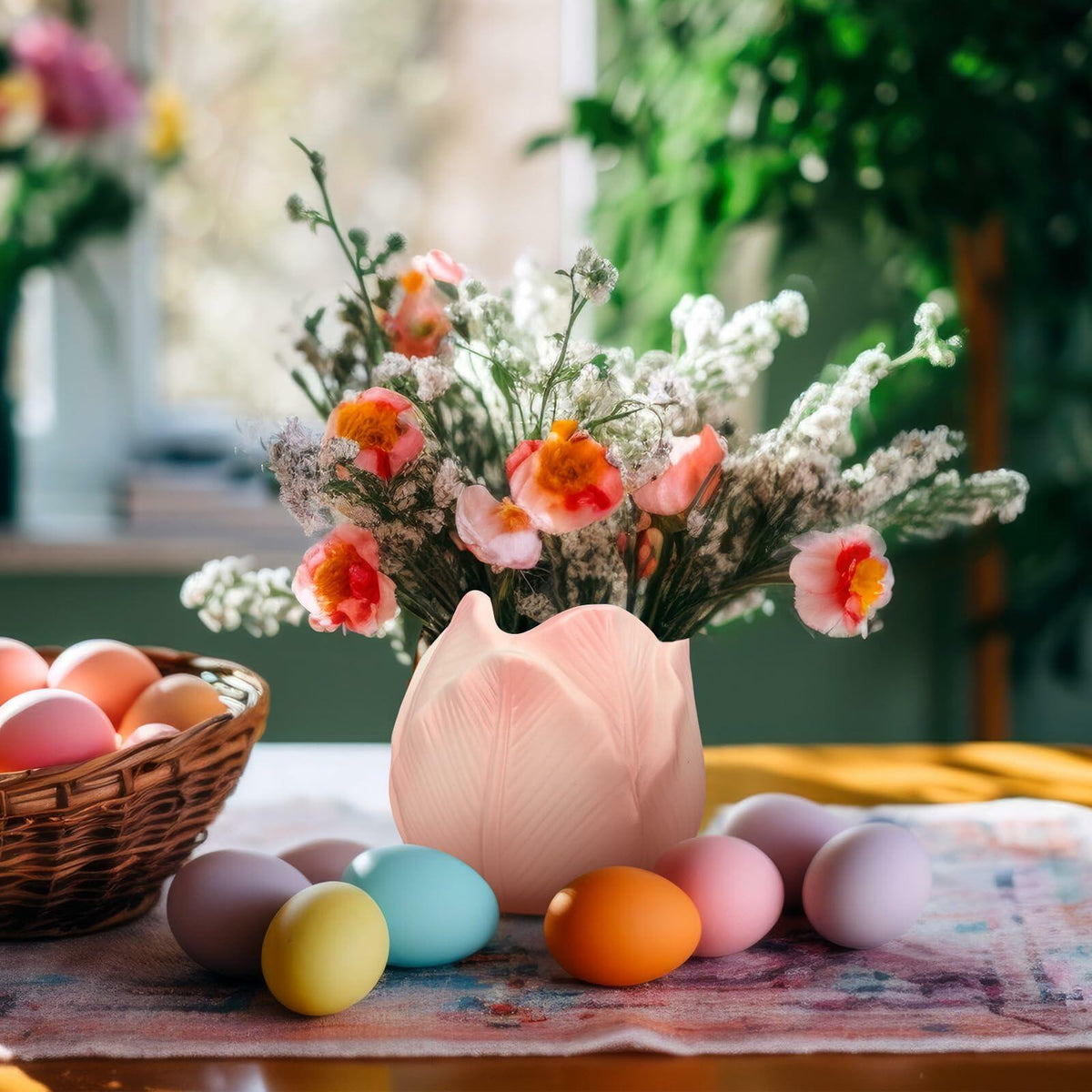 Pink tulip-shaped mini ceramic vase holding a small spring flower bouquet