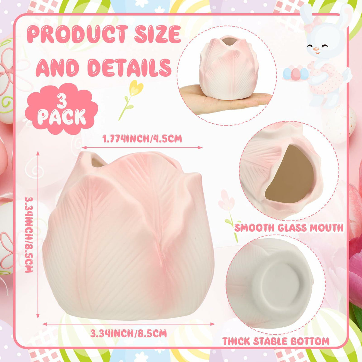 Pink tulip ceramic mini vase with thick stable bottom and smooth open mouth
