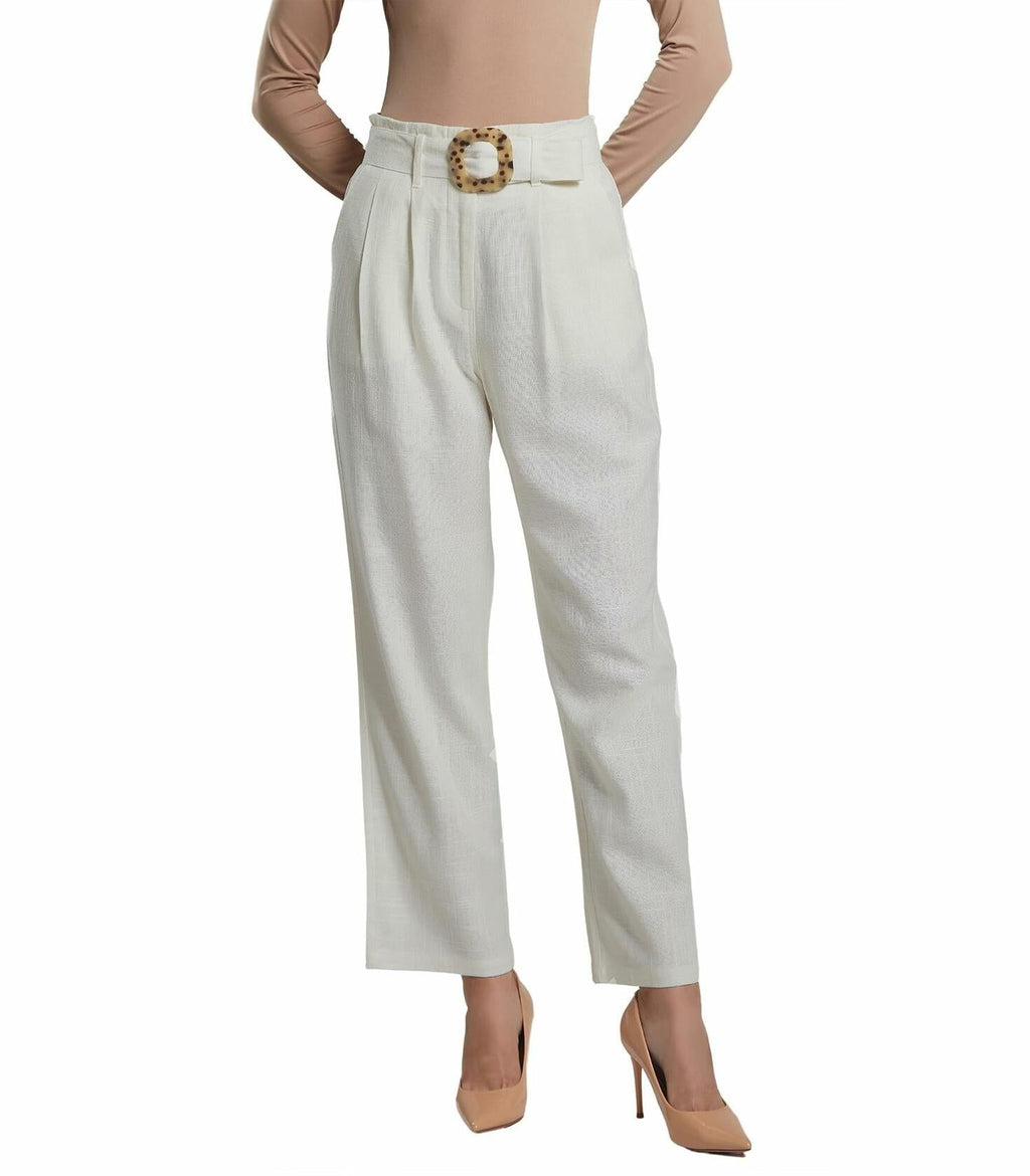 White linen high-rise straight crop pants with belt loops and tortoise buckle, front