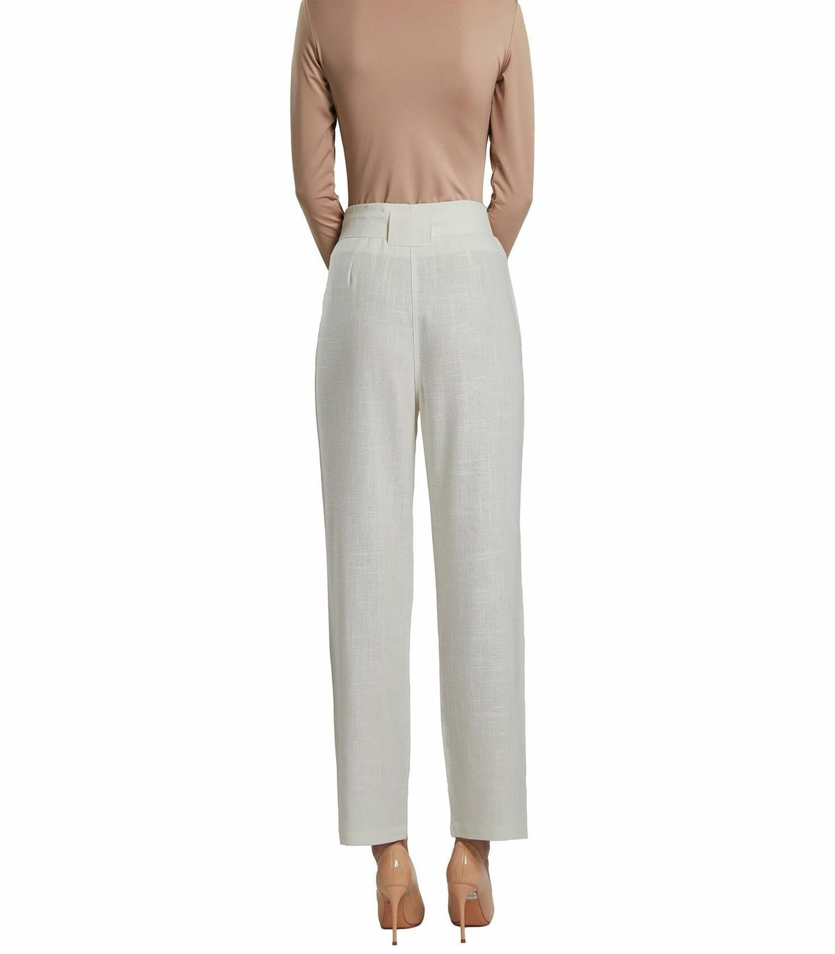 White linen high-rise straight crop pants, back view with slim waistband