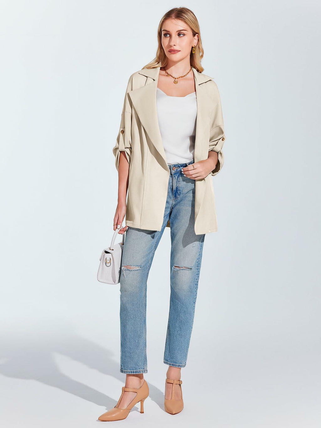 Lightweight oversized utility jacket, light beige, button-front, two side pockets