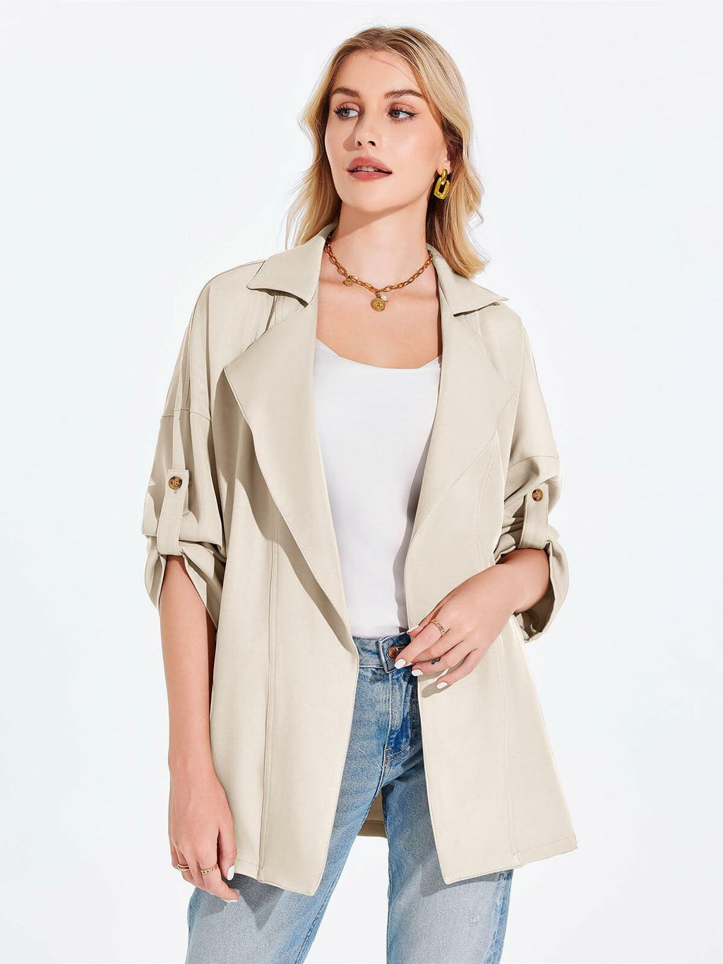 Lightweight utility jacket, light beige, patch pockets, button cuffs, oversized fit