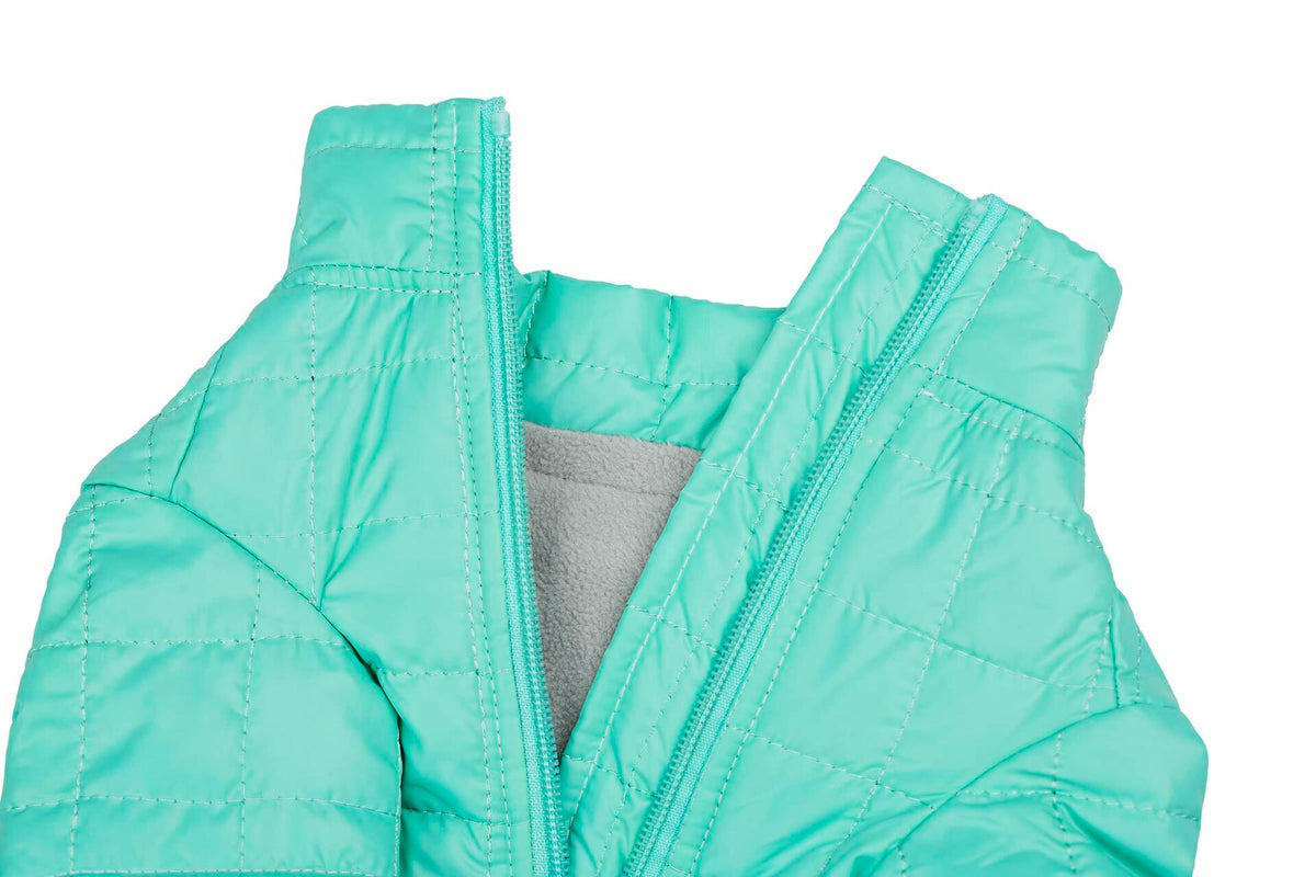 Teal dog coat close-up of high collar and front zipper