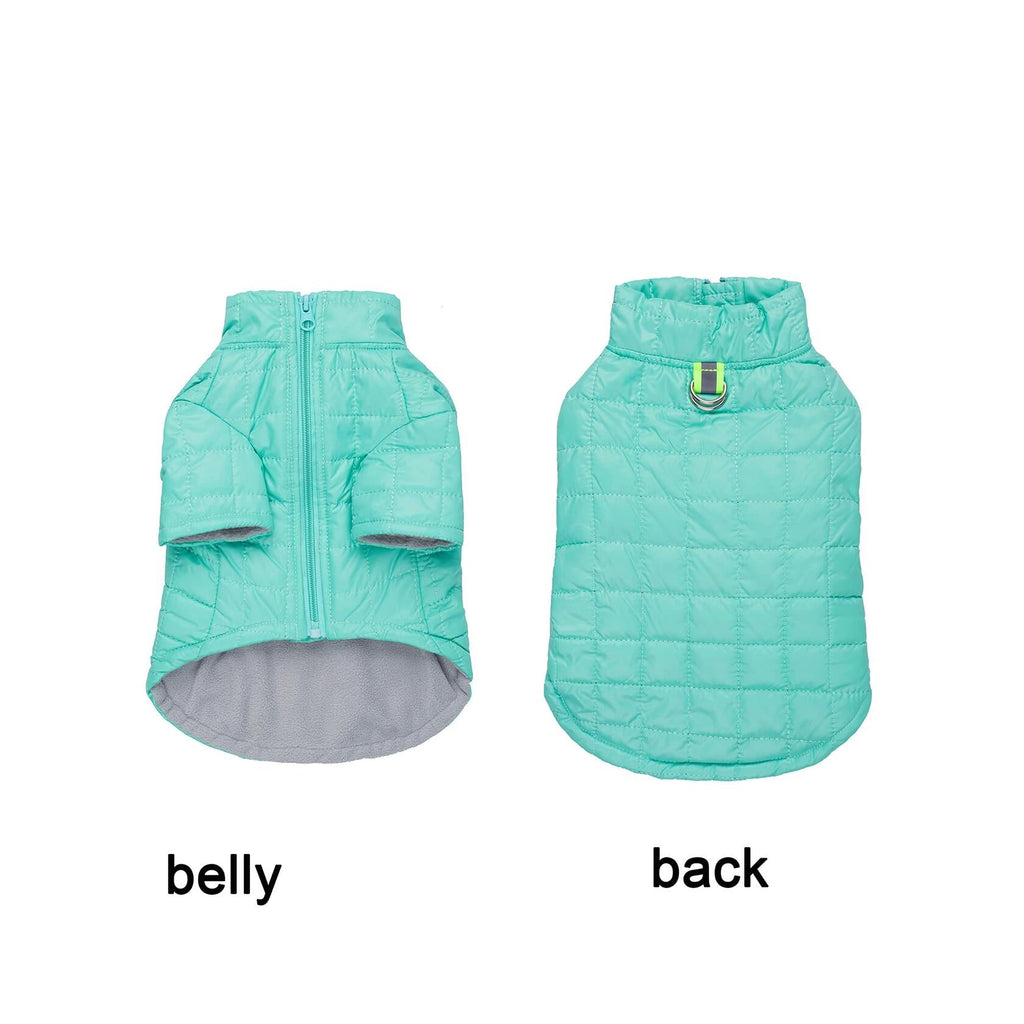 Teal dog puffer coat shown from front with belly panel and back panel views
