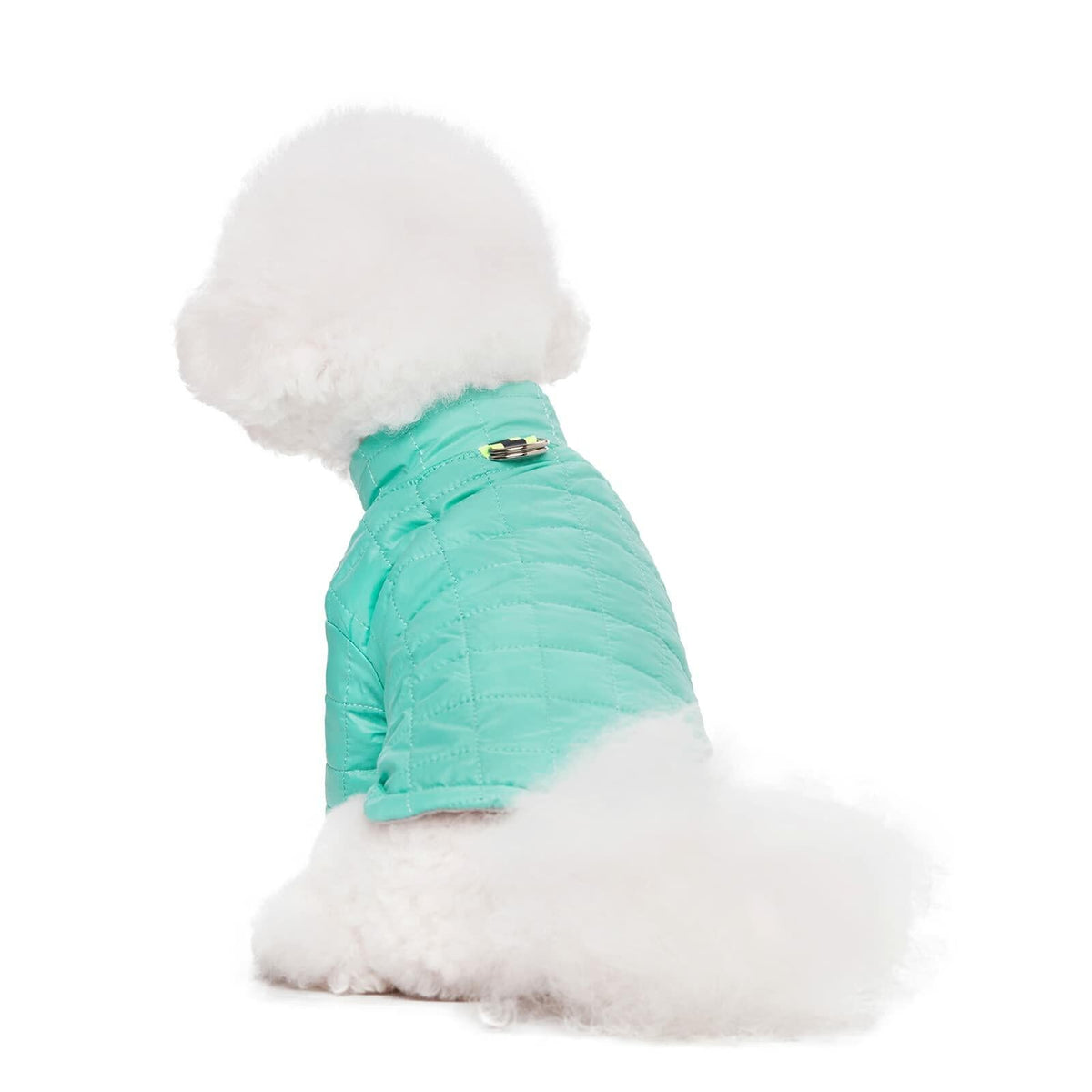 Teal padded dog coat viewed from the side with high collar