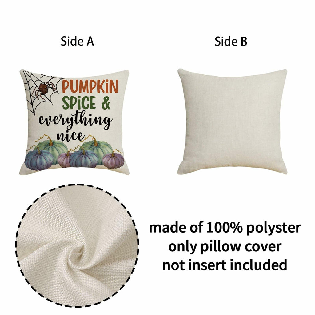 Square pillow cover set with printed front designs and solid off-white back