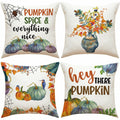 Set of four autumn pumpkin pillow covers, printed sayings and leaf-and-pumpkin artwork