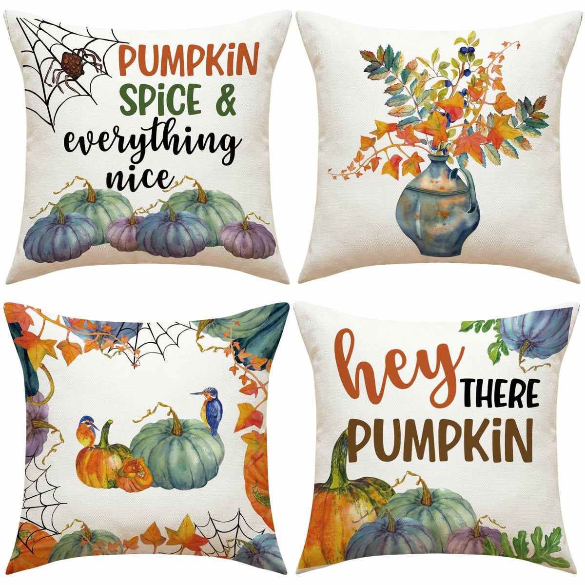 Set of four autumn pumpkin pillow covers, printed sayings and leaf-and-pumpkin artwork