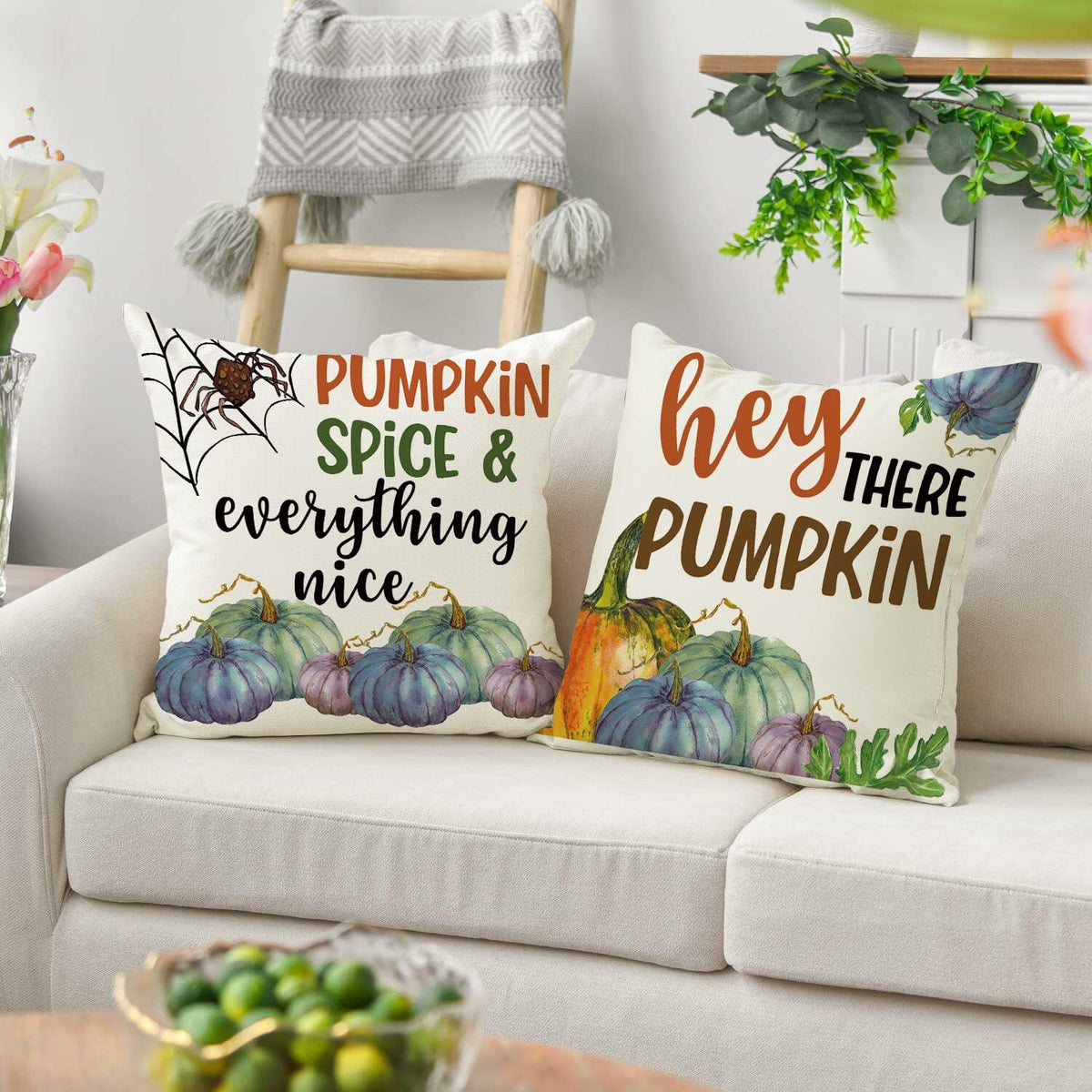 Pair of fall pillow covers: 'Pumpkin Spice & everything nice' and 'Hey there pumpkin'