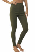 High-waisted army green skinny jeggings with front pockets and button closure