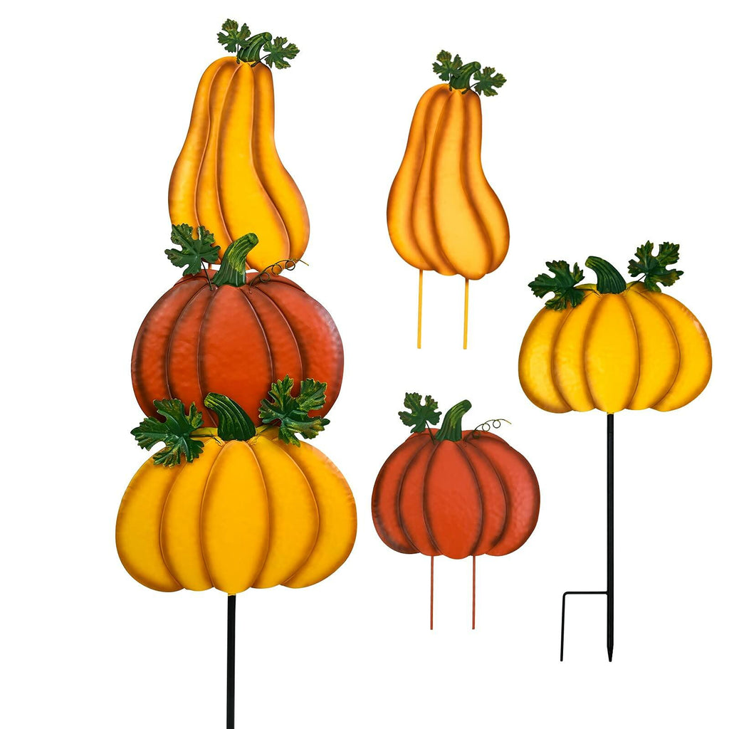 Three stacked pumpkin yard stake decor with yellow and orange pumpkin shapes on black stand