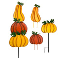 Three stacked pumpkin yard stake decor with yellow and orange pumpkin shapes on black stand