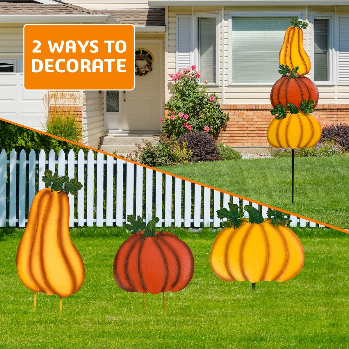 Stacked pumpkin yard stake decor featuring orange and yellow pumpkins with green leaf stems