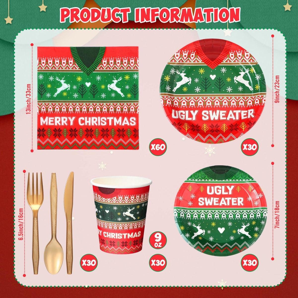 Yaomiao 180 Pcs Xmas Ugly Sweater Party Supplies Set Vintage Plates Cups Napkins