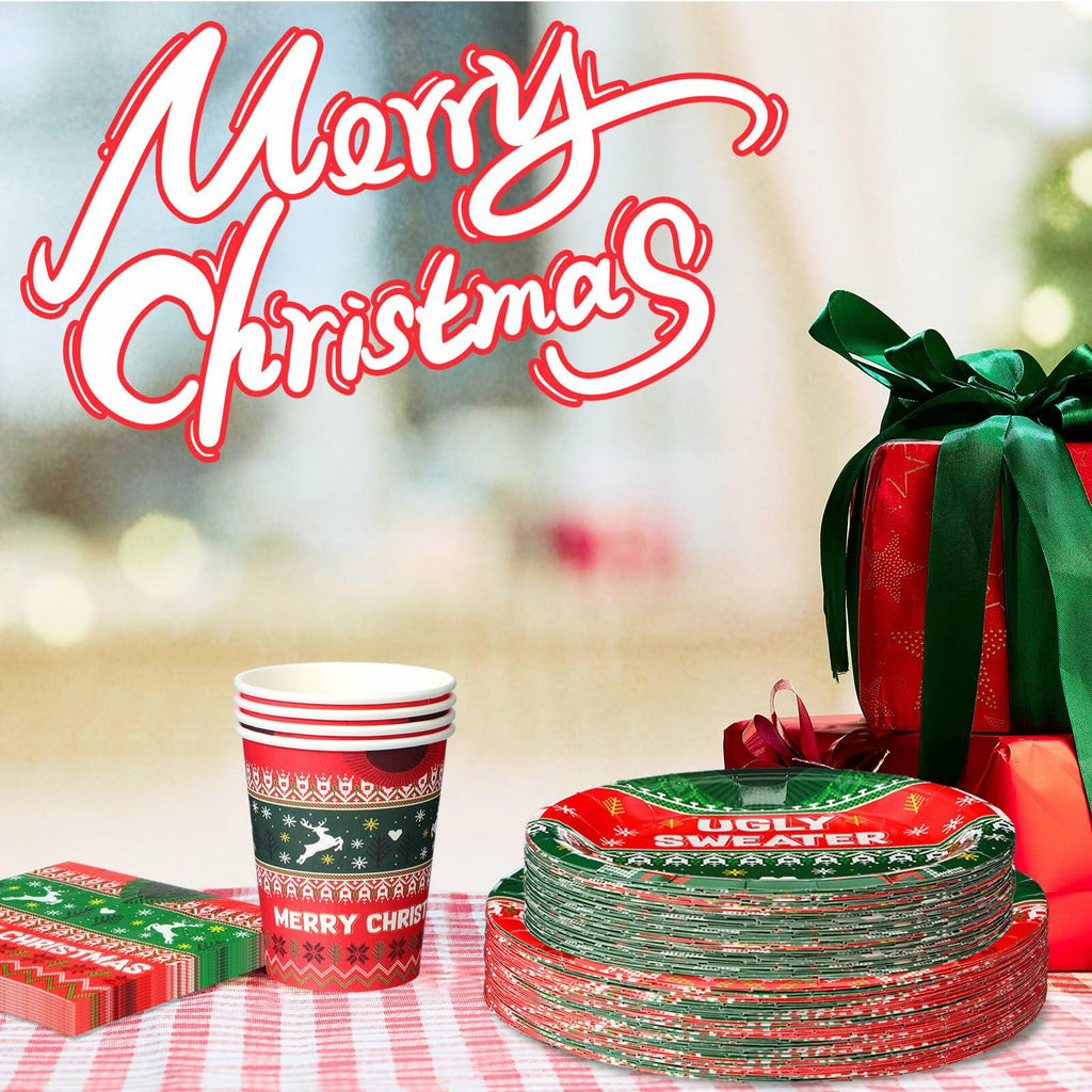 Christmas ugly sweater party tableware set with stacked cups and plates, red and green