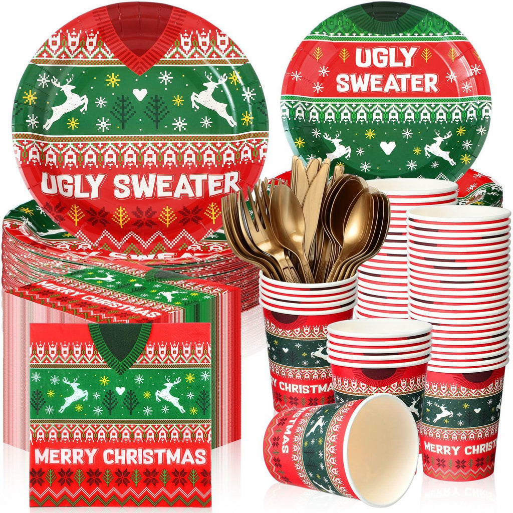 Christmas ugly sweater party tableware set with plates, cups, and napkins, red and green