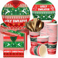 Christmas ugly sweater party tableware set with plates, cups, and napkins, red and green