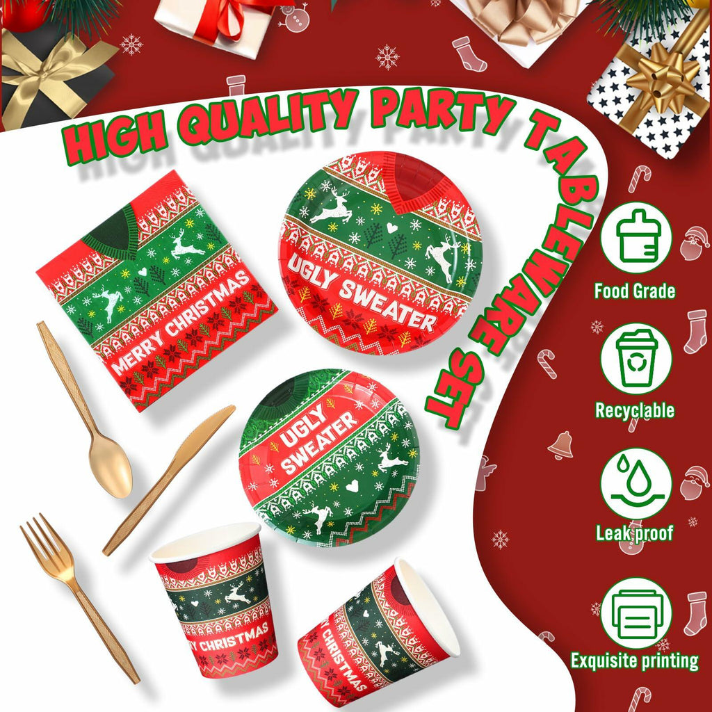 Christmas ugly sweater tableware set with plates, cups, napkins, forks, and spoons