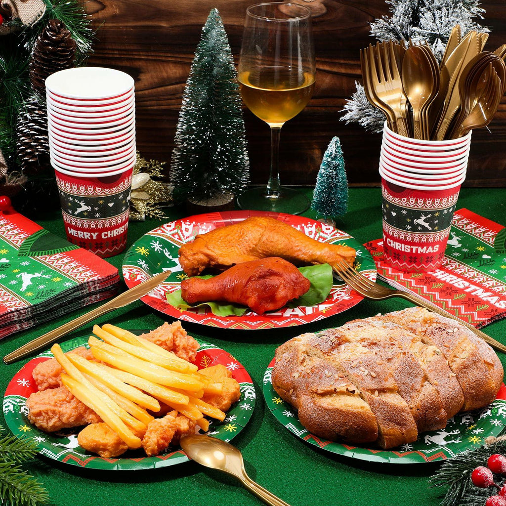 Christmas ugly sweater dinnerware set with plates and cups on holiday table setting