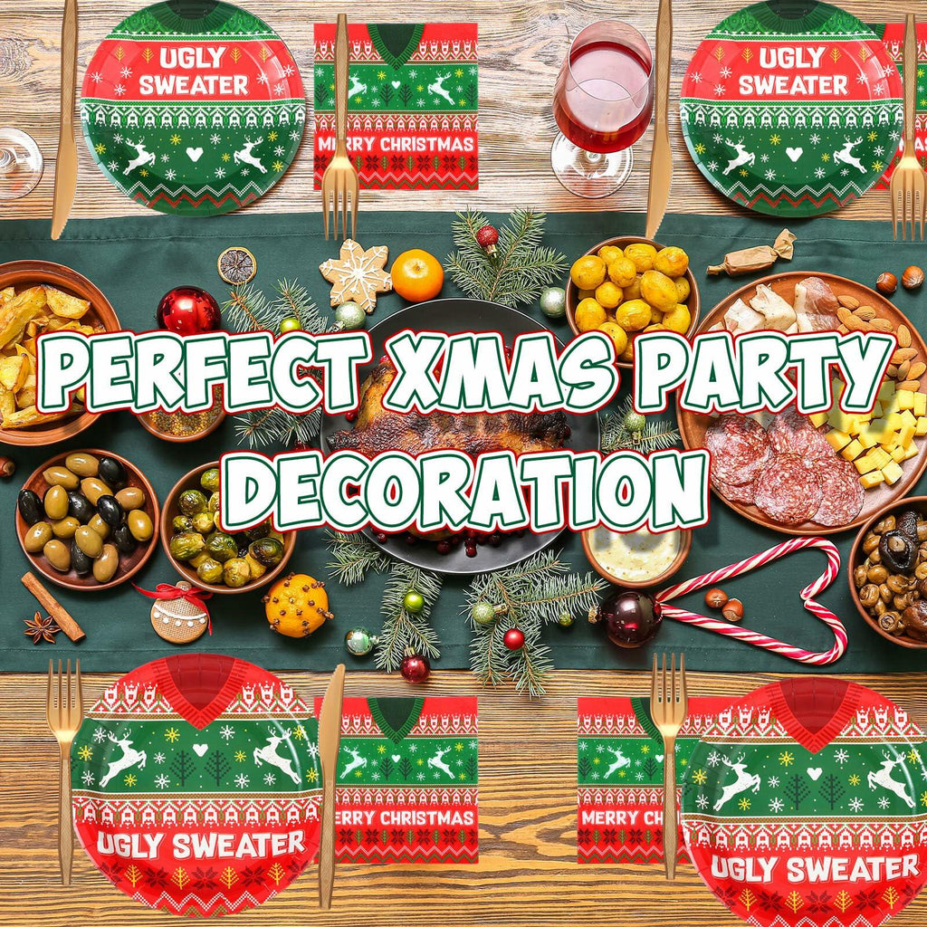 Christmas ugly sweater party tableware set with plates, napkins, cups, and party decor