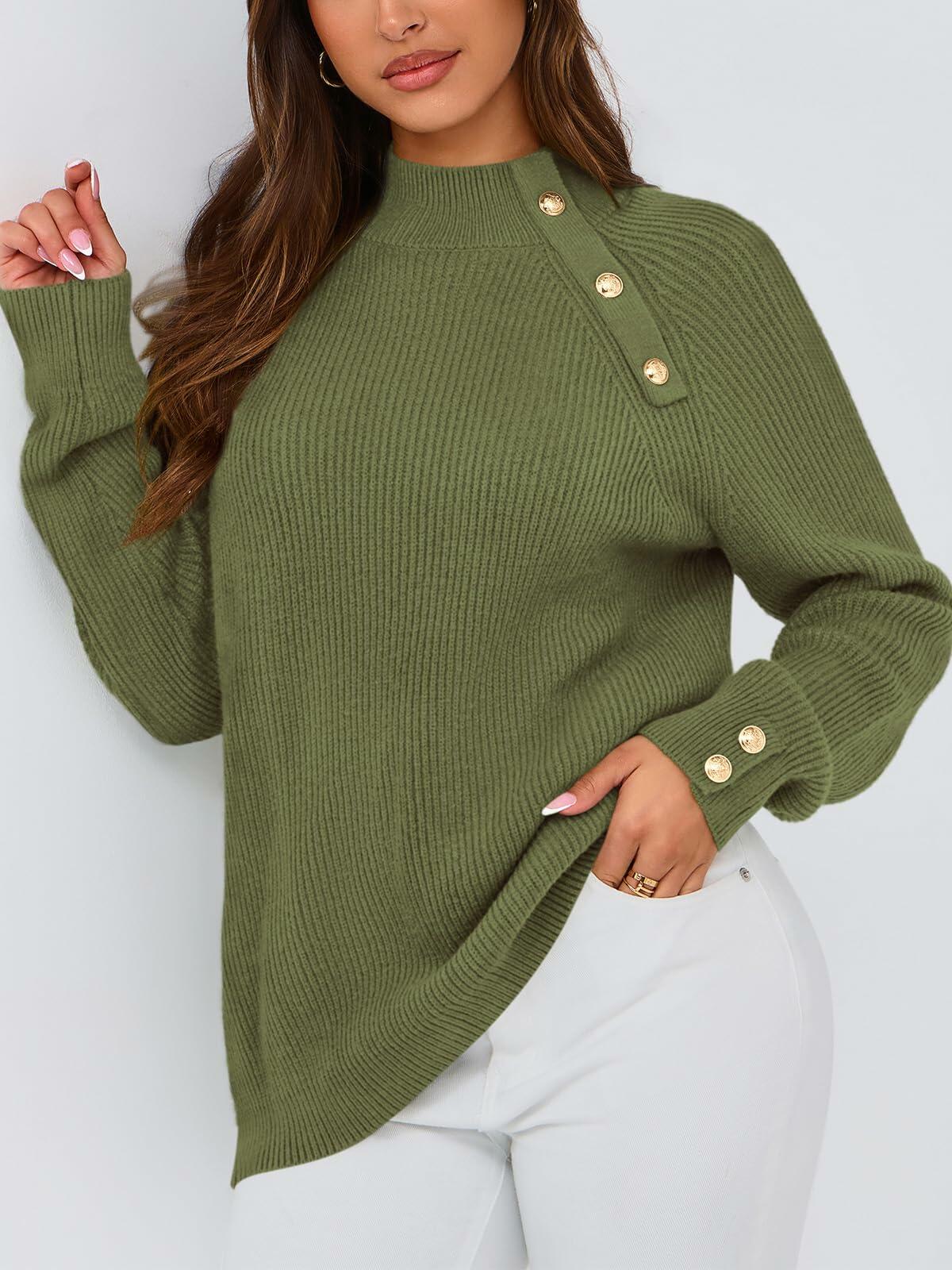 Olive green ribbed knit mock neck sweater with raglan sleeves and gold button detail