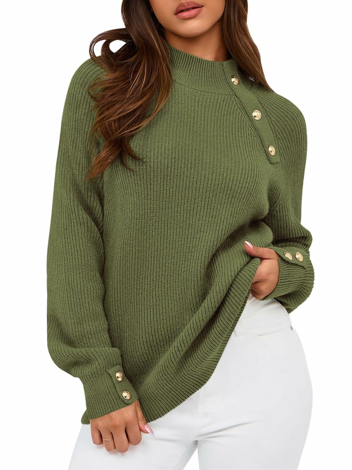 Olive green ribbed knit raglan mock neck sweater with buttoned shoulder placket