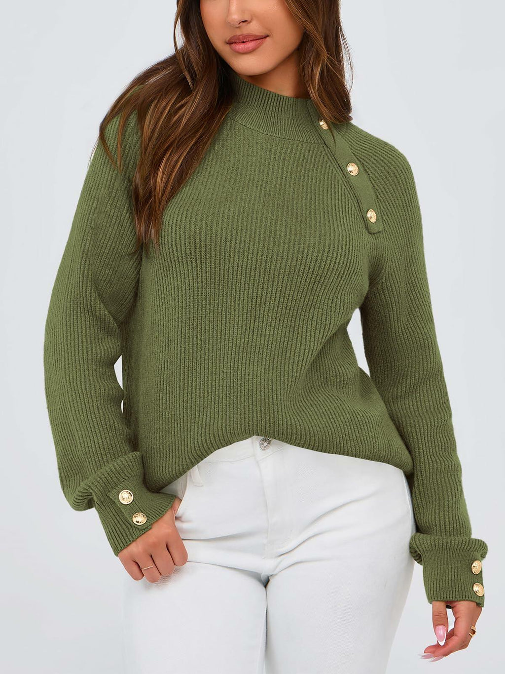 Olive green ribbed knit mock neck sweater with buttoned front and long raglan sleeves