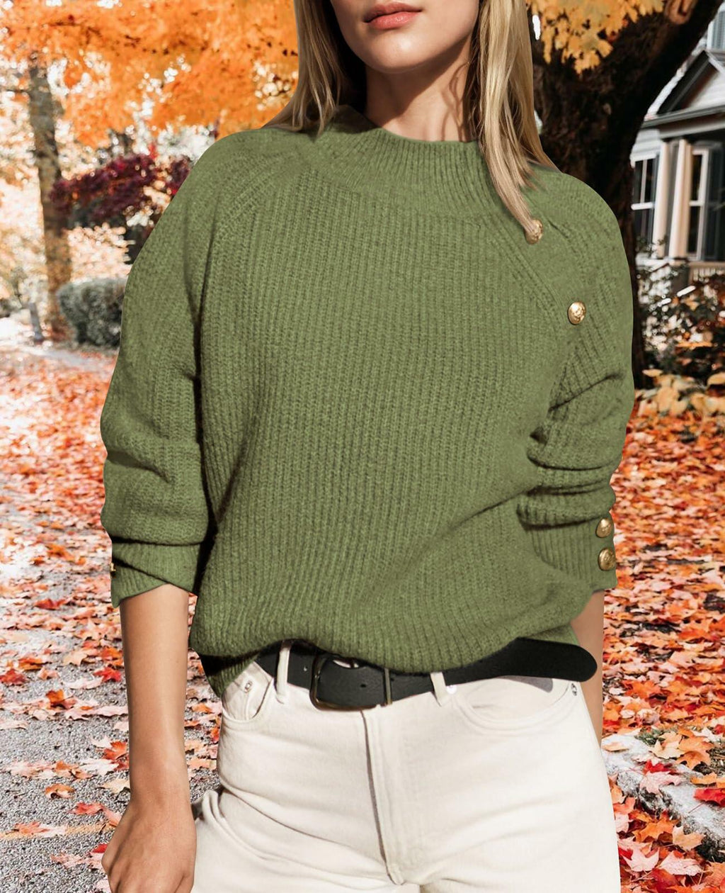 Olive green ribbed knit raglan mock neck sweater with three gold buttons on shoulder
