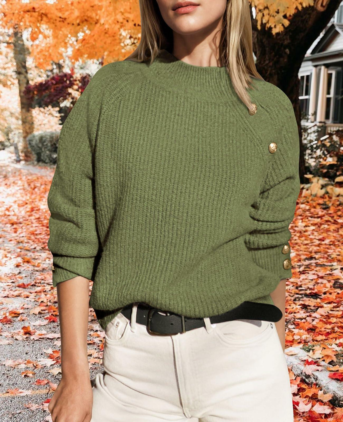 Olive green ribbed knit raglan mock neck sweater with three gold buttons on shoulder