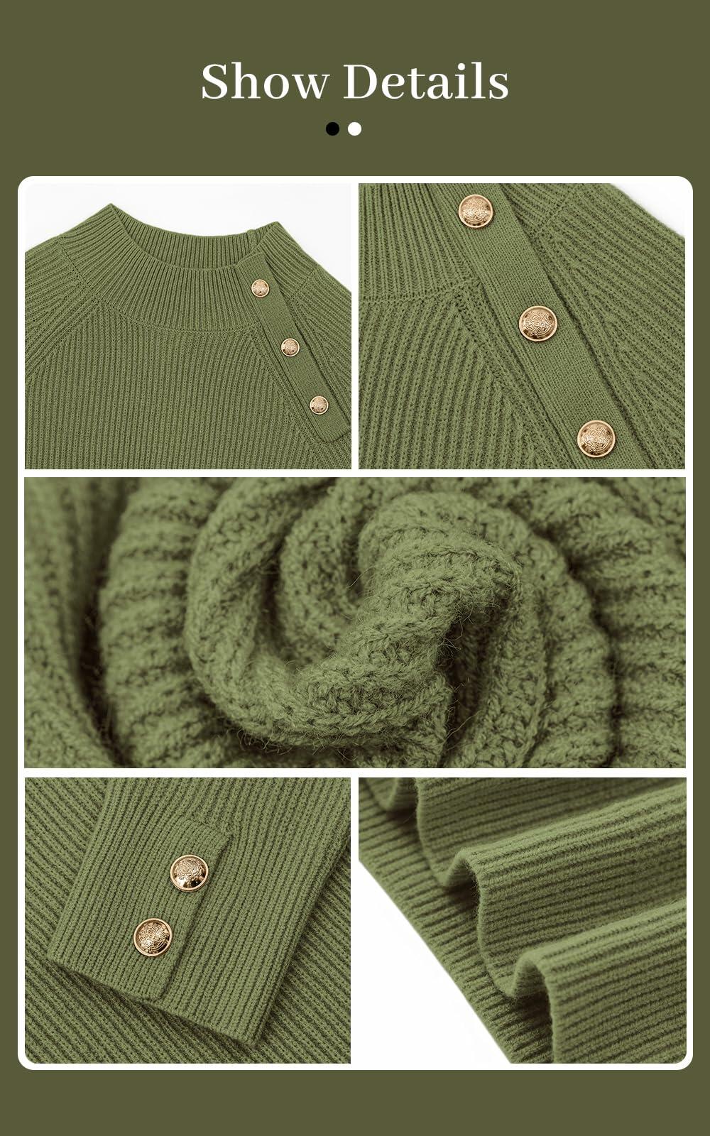 Olive green sweater details: ribbed knit texture and buttoned shoulder placket