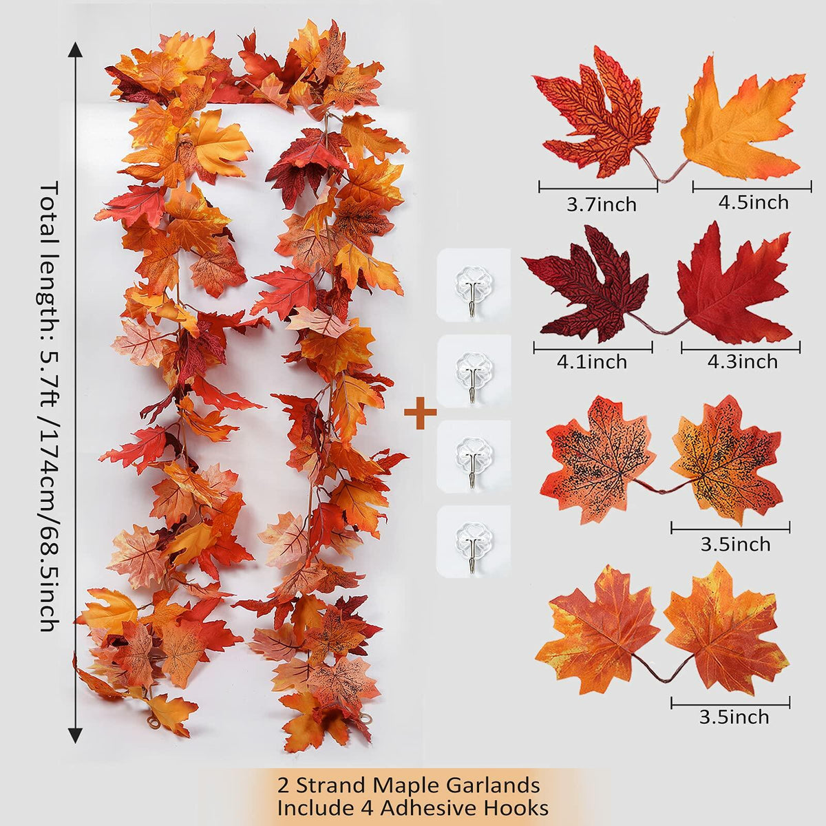 Artificial maple leaf garland with layered orange and red fall leaves on two strands
