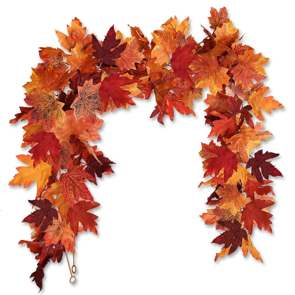Autumn maple leaf garland strand with orange and red artificial leaves
