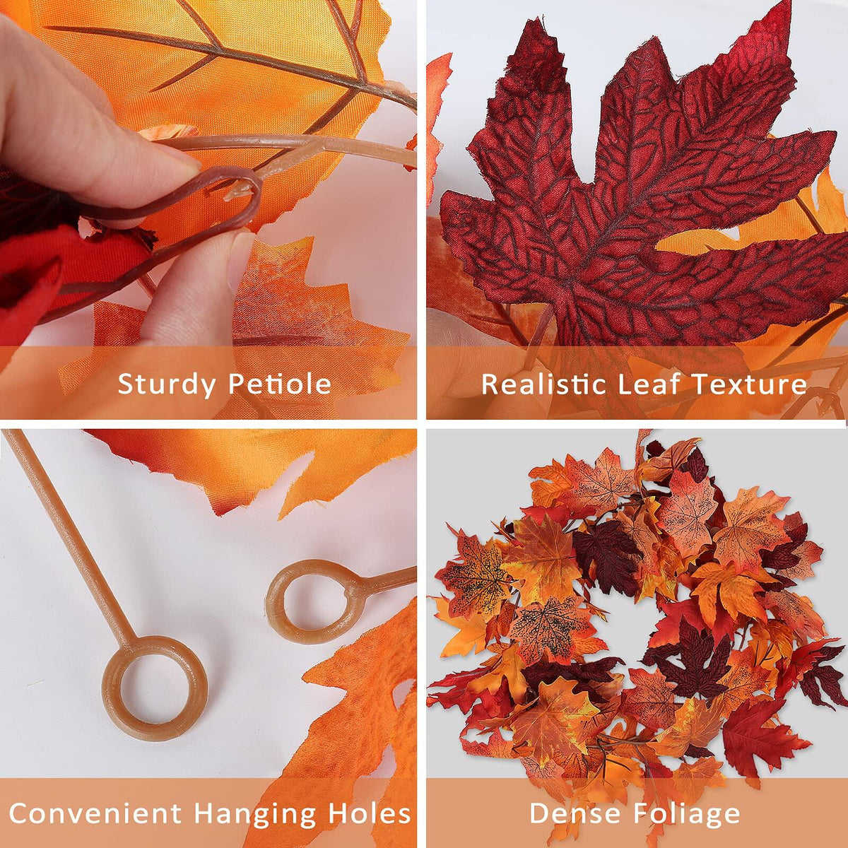 Artificial maple leaf garland with realistic leaf texture and hanging loop holes