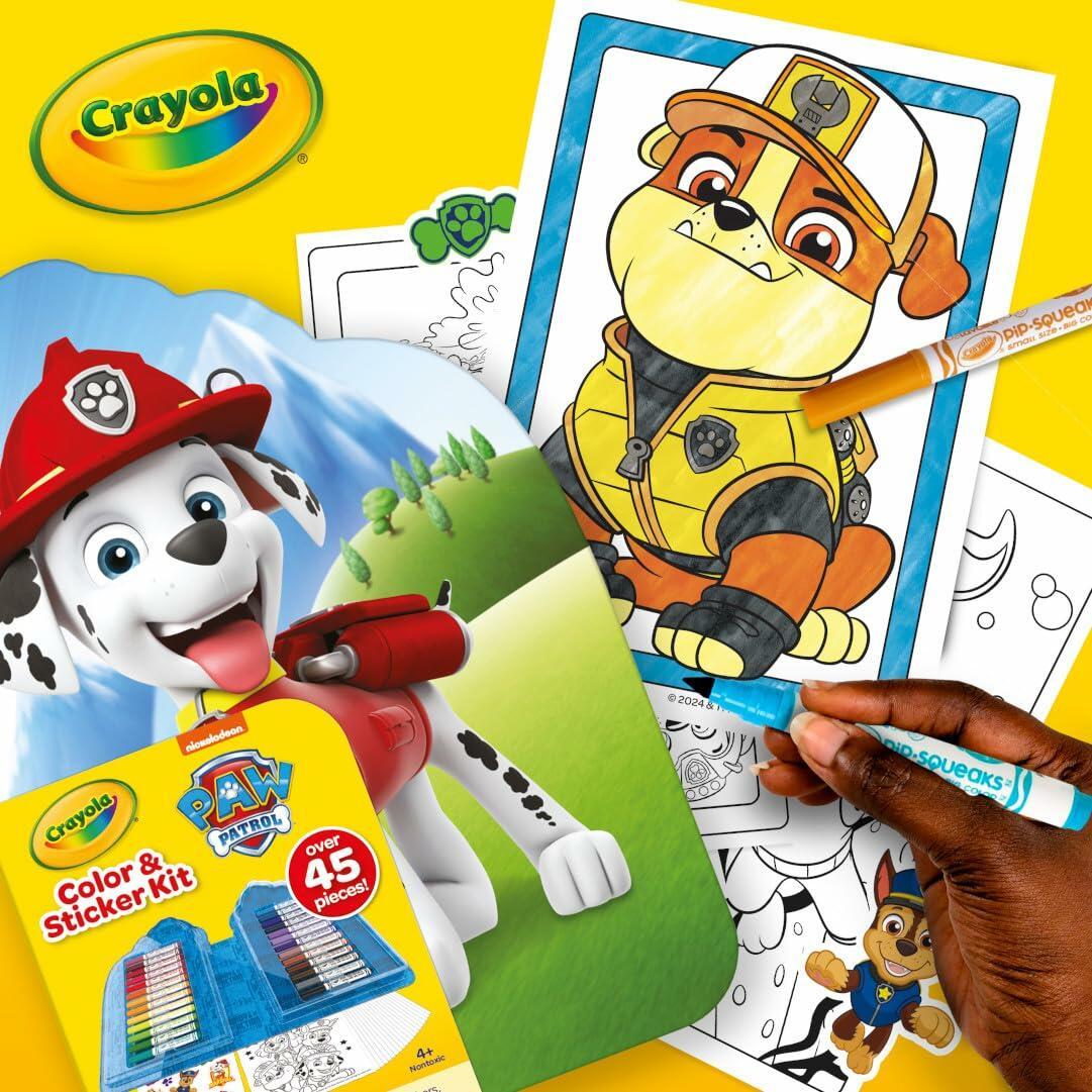 Paw Patrol Color & Sticker Kit with Crayola pages and stickers, shown with coloring sheet