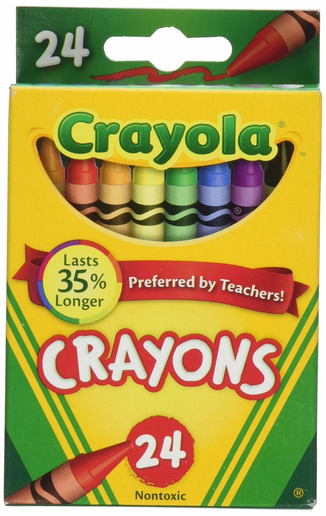 Crayola 24-count crayons assorted colors in green and yellow retail box